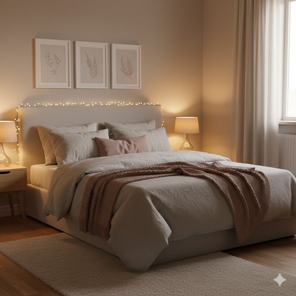 Warm Lighting and Wall Decor That Makes the Room Feel Cozy and Romantic