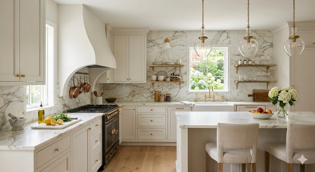 Luxury kitchen with curved DIY vent hood cover, soft white finish, marble backsplash, elegant lighting, stylish custom kitchen design