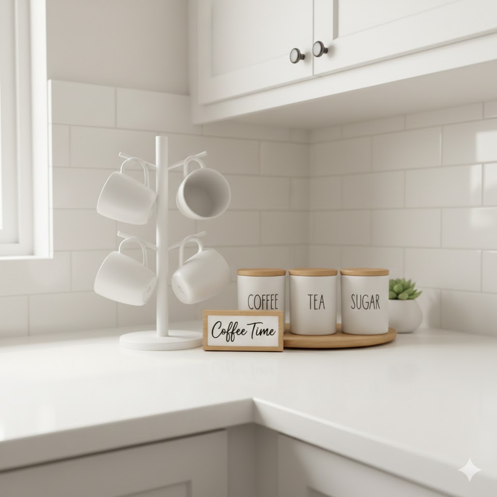 Coffee or Tea Station Corner (Mug Rack + Jar Set + Small Sign)
