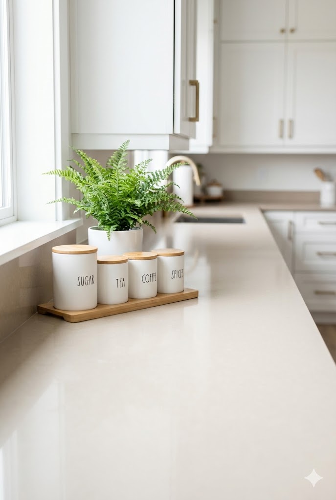 Kitchen Decor Idea Clean Countertop Look (Tray + Matching Canisters + One Plant)