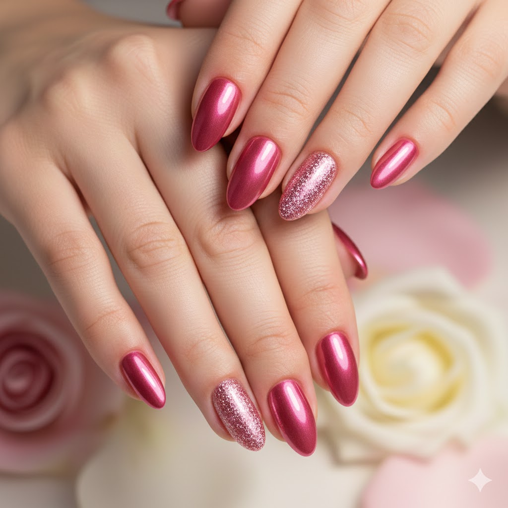 Glitter and Chrome Valentine Nails (Shiny Nails That Look Expensive in Photos)