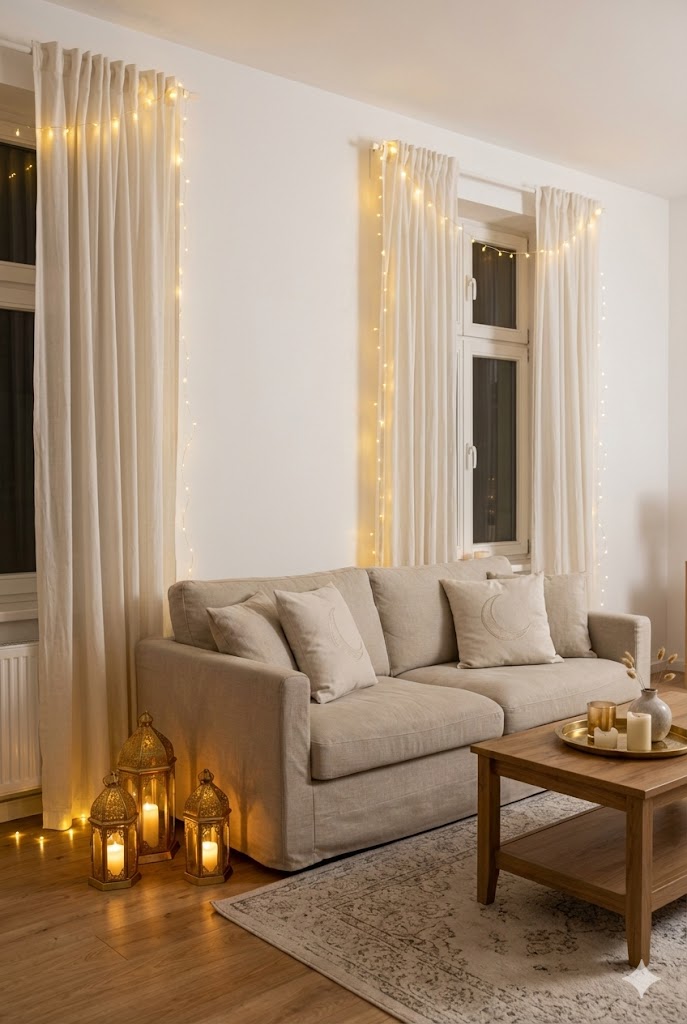 A Ramadan Living Room Glow Setup (Lantern + Warm Lights + Neutral Colors)