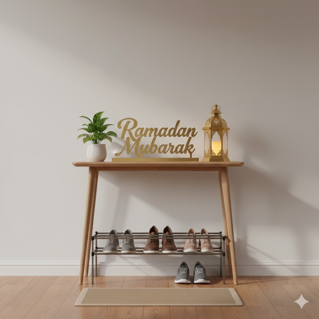 A Ramadan Entrance Setup (Welcome Sign + Shoe Area Clean-Up + Small Console Decor)