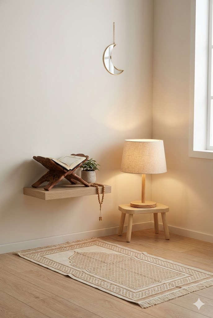 A Small Prayer Corner That Looks Special (Prayer Mat + Soft Lamp + Simple Shelf)