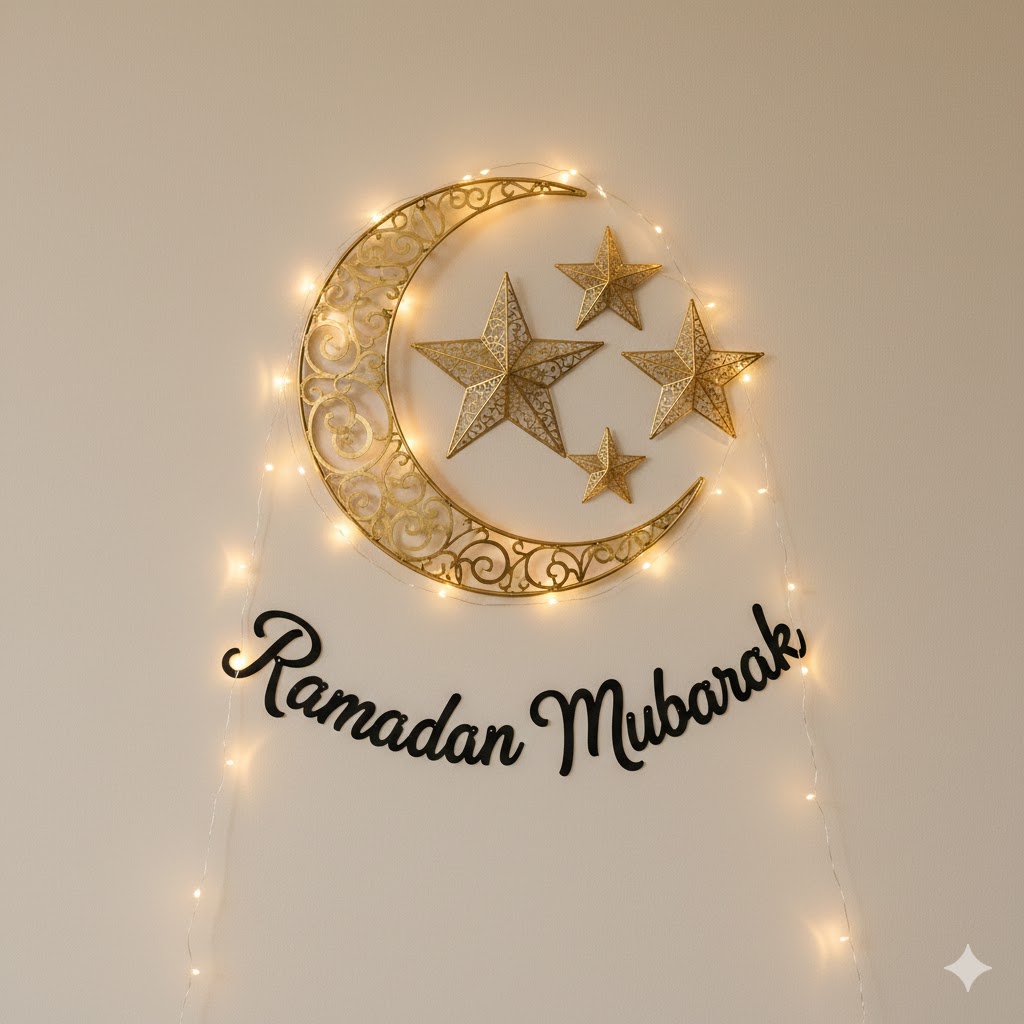 A Ramadan Wall Feature (Crescent + Star + “Ramadan Mubarak” Banner)