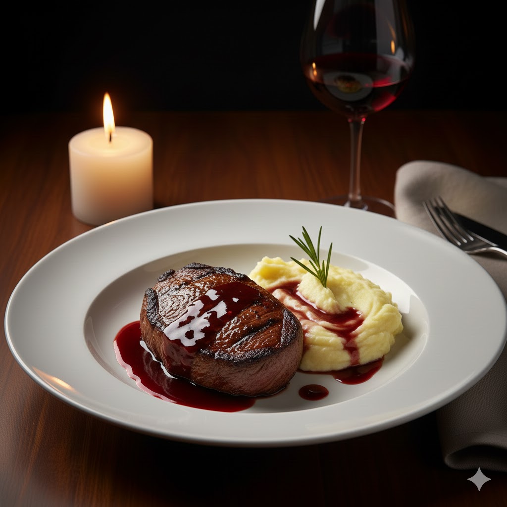 Steak & Red Wine Sauce with Mashed Potatoes