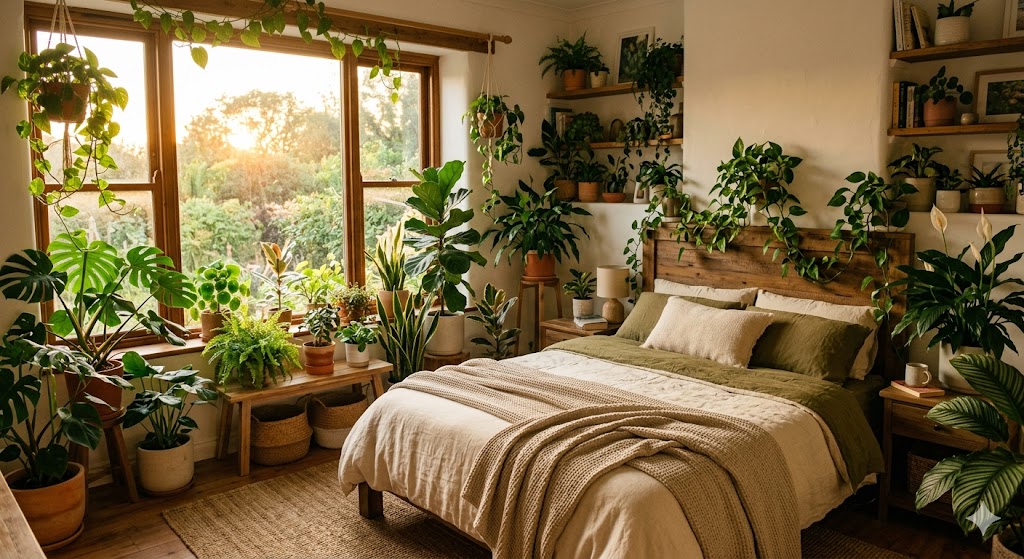 Bedroom With Warm Golden Light and Lush Indoor Plants for a Cozy Natural Retreat
