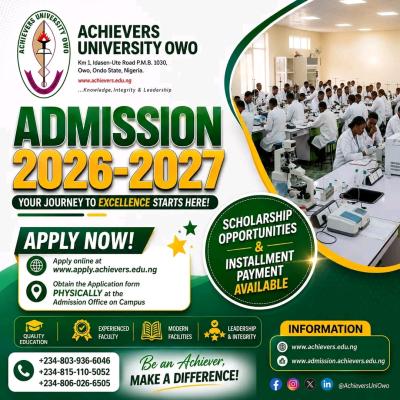 Achievers University Post UTME Form 2026 Is Out — Cut Off Mark, Requirements and How to Apply