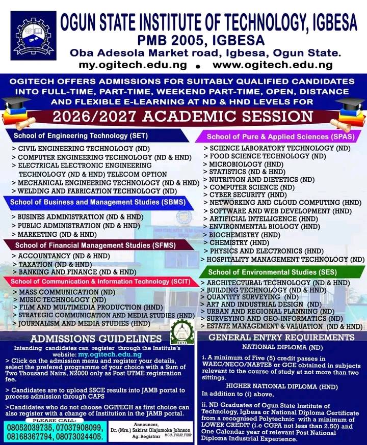 OGITECH Admission Form 2026 is out